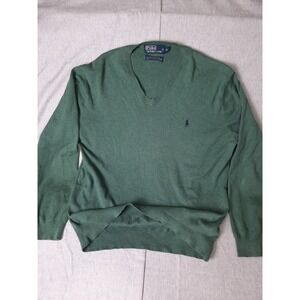 Polo by Ralph Lauren Mens XL Embroidered Logo Pullover Sweater V-Neck Green Pima